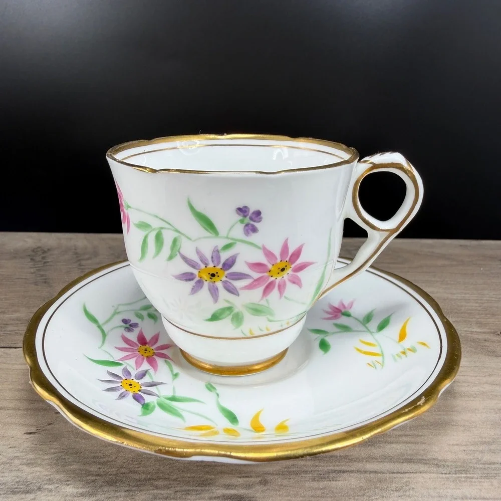 Royal Stafford‎ Bone China Teacup and Saucer Set Floral Gold Gilt England 8163H